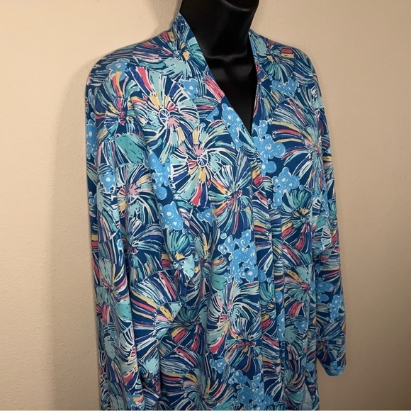 3XL XXXL BLUE ABSTRACT FLORAL SHRUG TOP BLOUSE OPEN FRONT COLORFUL LONG SLEEVE - Picture 7 of 13